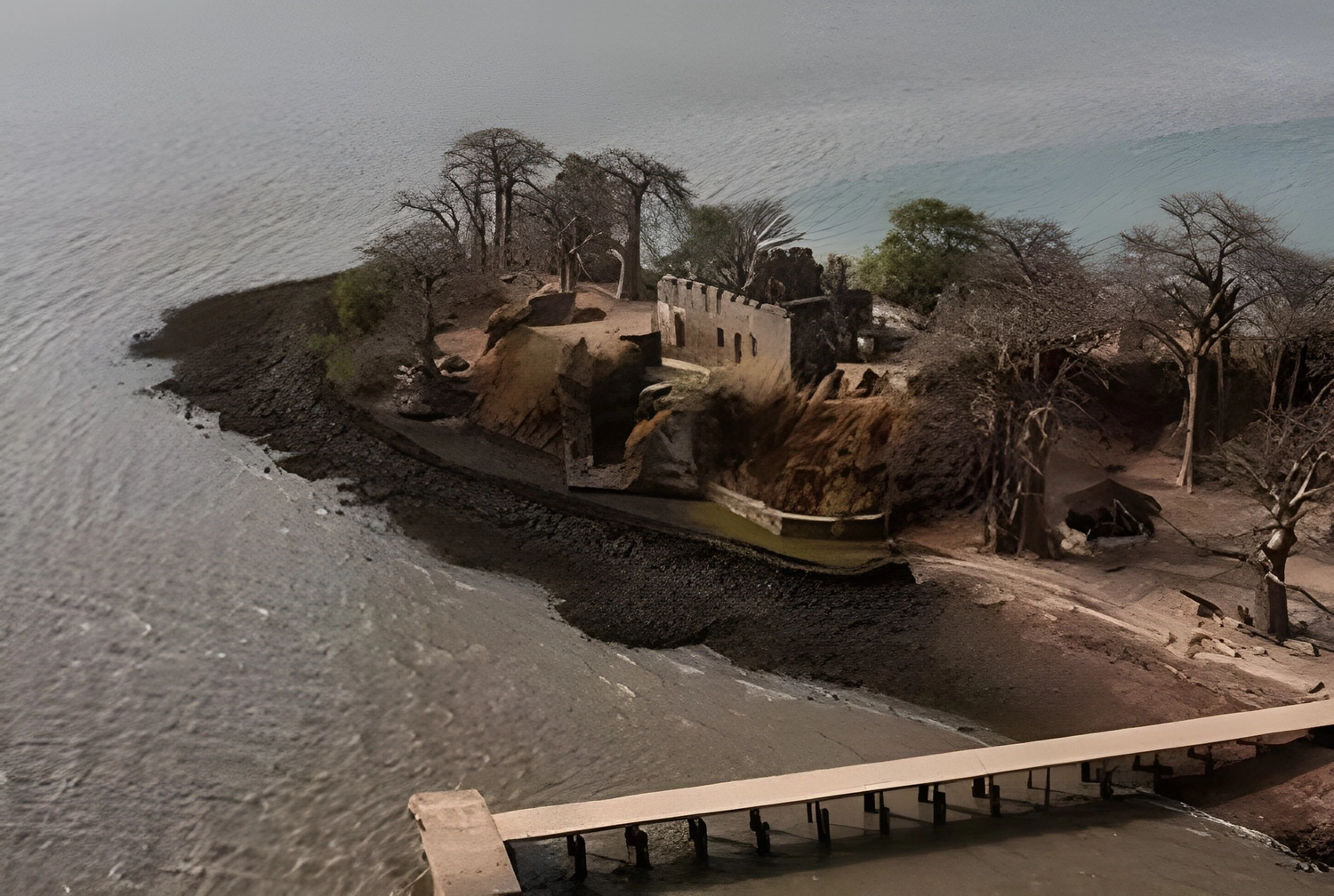 Gambia​ View Tours - Tourism services - An aerial view of the stone ruins of Fort Bullen on James Island in the Gambia River.